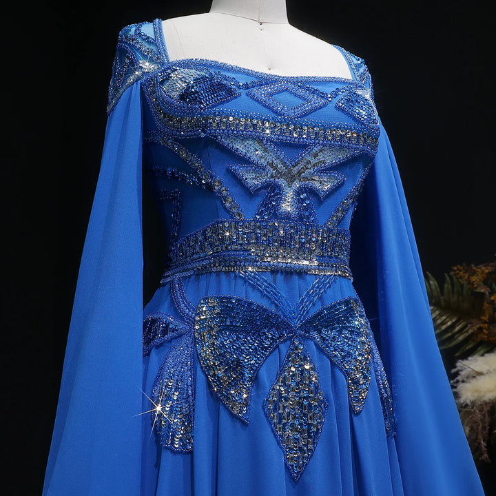 Luxury Blue Beaded Evening Dress with Flowing Cape Sleeves SS562