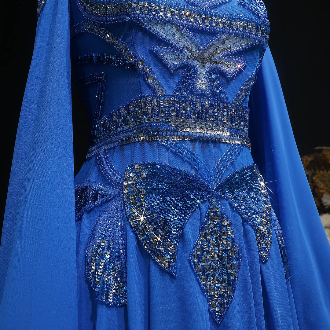 Luxury Blue Beaded Evening Dress with Flowing Cape Sleeves SS562