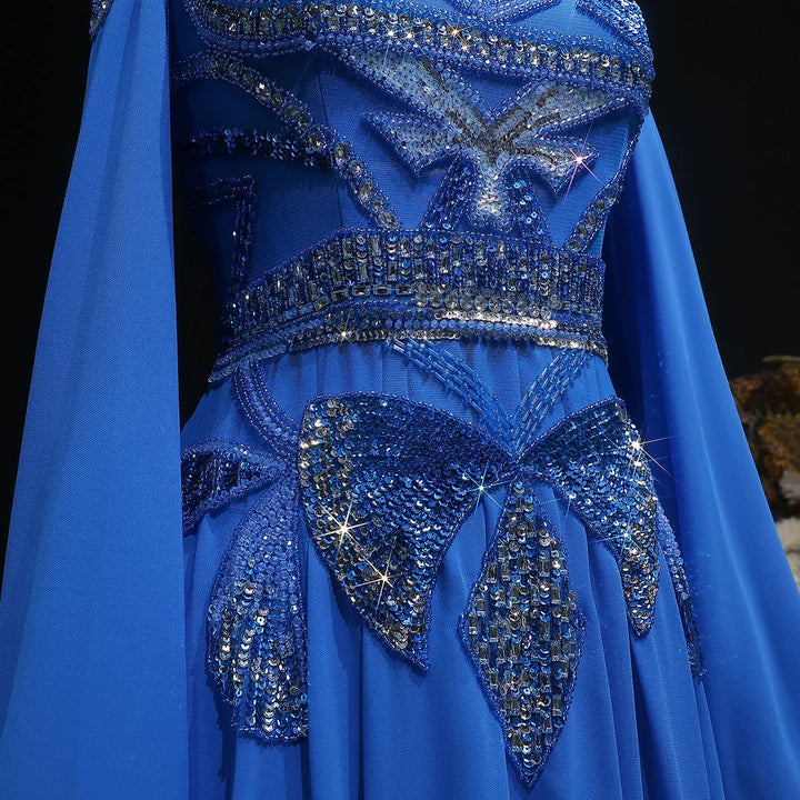 Luxury Blue Beaded Evening Dress with Flowing Cape Sleeves SS562