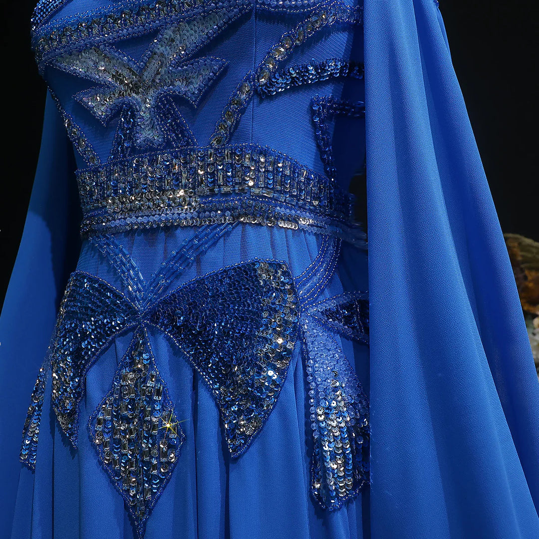 Luxury Blue Beaded Evening Dress with Flowing Cape Sleeves SS562