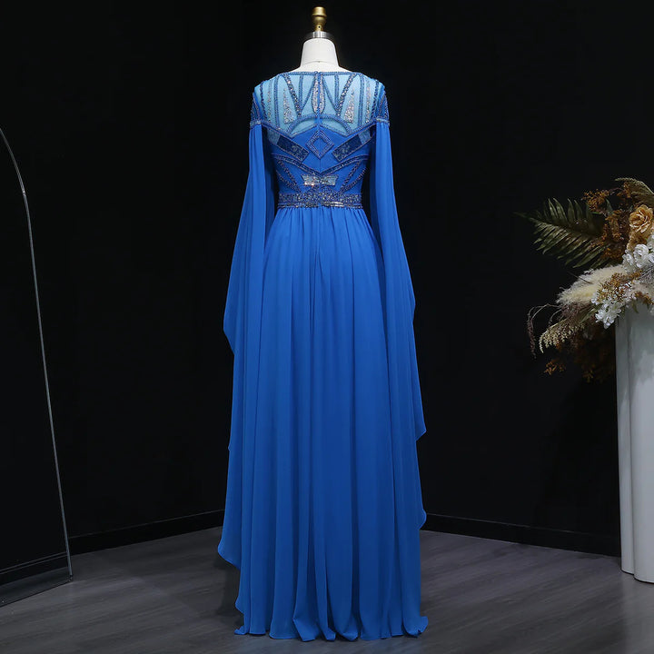 Luxury Blue Beaded Evening Dress with Flowing Cape Sleeves SS562