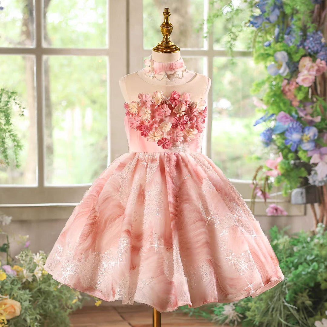 Elegant Pink Floral Tea Length Princess Pageant Birthday Dress J849 Pink / child-10