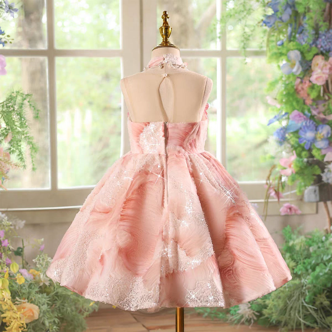 Elegant Pink Floral Tea Length Princess Pageant Birthday Dress J849