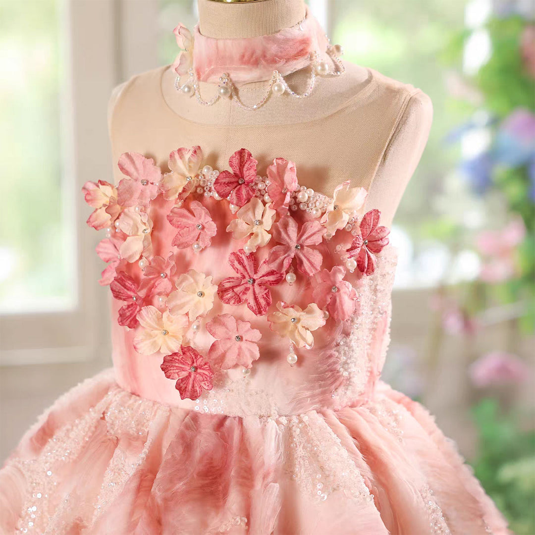 Elegant Pink Floral Tea Length Princess Pageant Birthday Dress J849