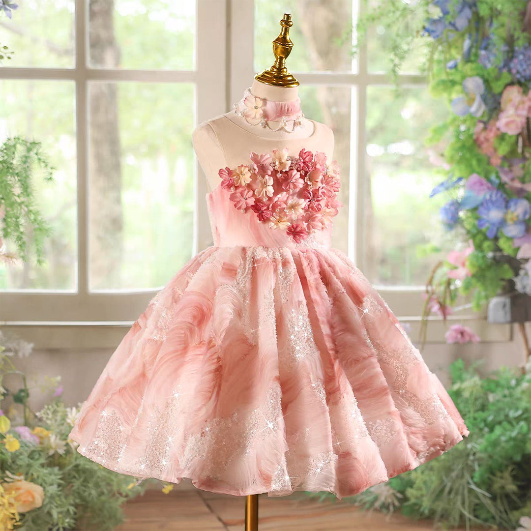 Elegant Pink Floral Tea Length Princess Pageant Birthday Dress J849