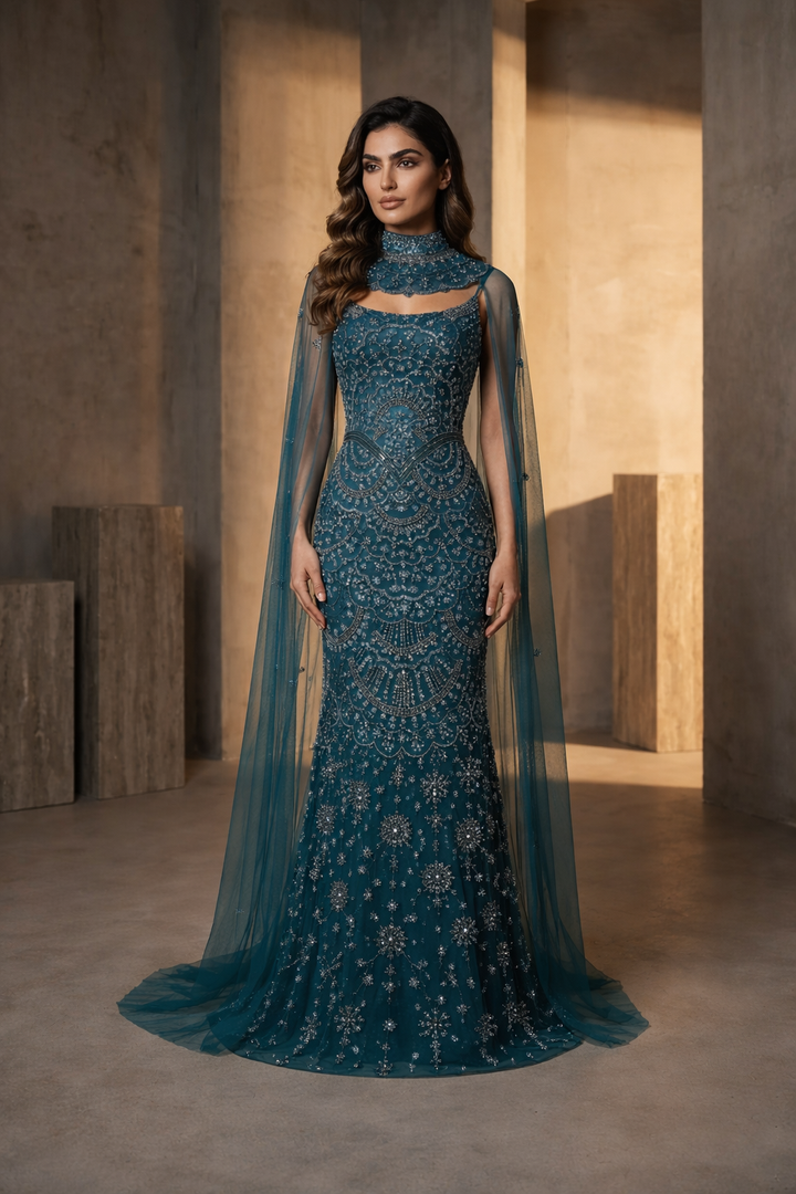 Luxury Teal High Neck Beaded Evening Gown with Sheer Long Sleeves Cape SS028
