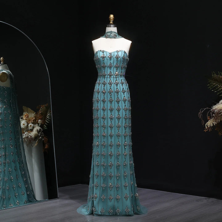 Luxury Beaded Nude Strapless Evening Dress with Scarf SS229