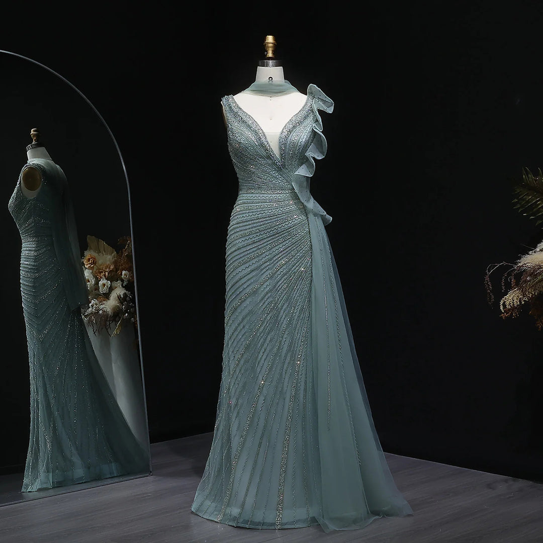 Luxury Burgundy Mermaid Evening Dress with Sparkling Beads, Scarf and Overskirt SS189