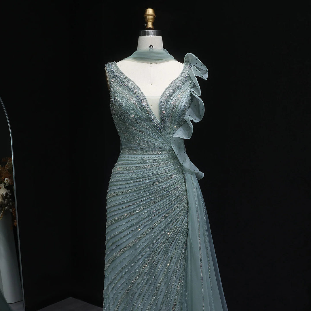 Luxury Burgundy Mermaid Evening Dress with Sparkling Beads, Scarf and Overskirt SS189