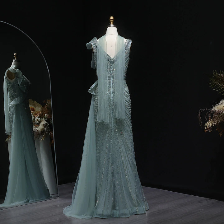 Luxury Burgundy Mermaid Evening Dress with Sparkling Beads, Scarf and Overskirt SS189