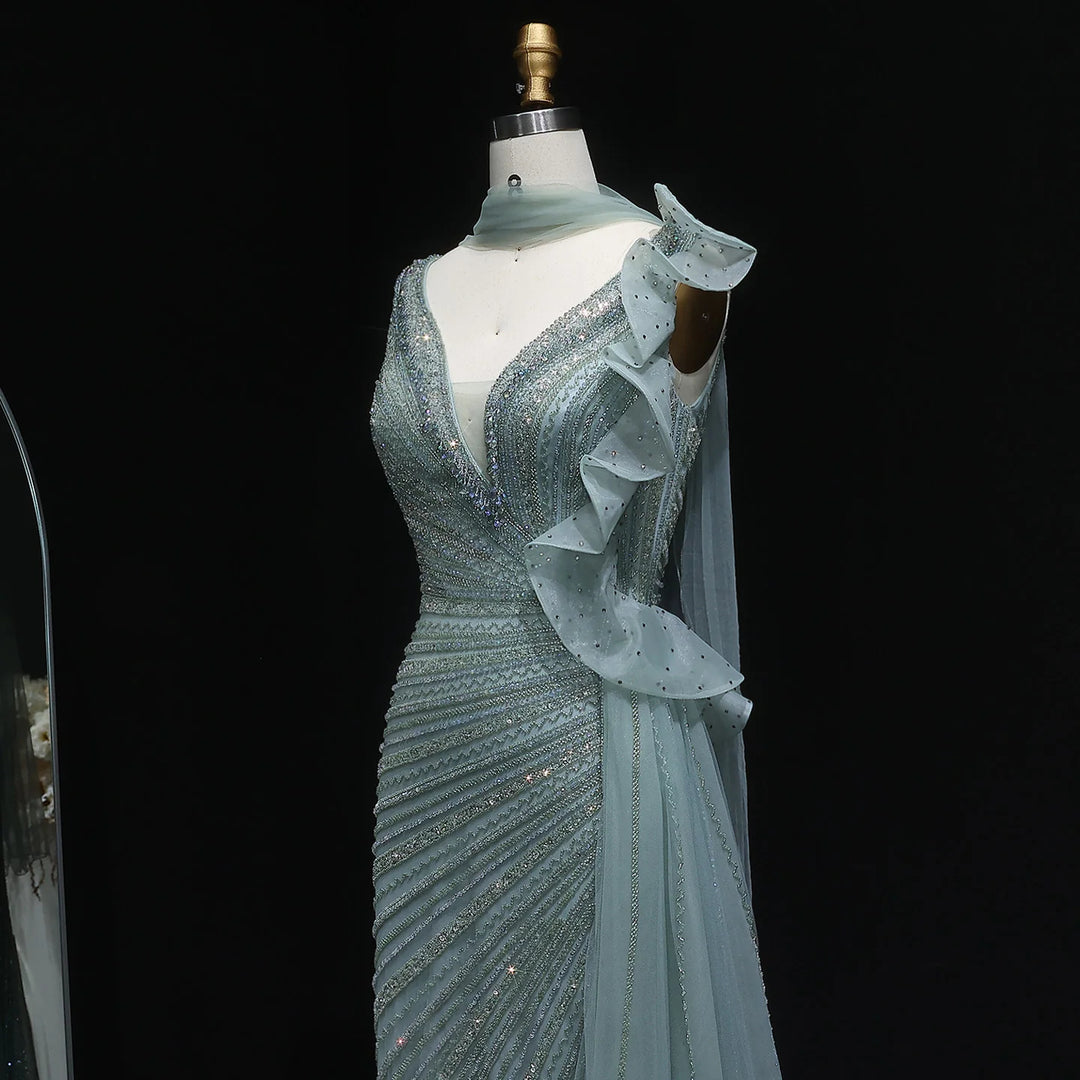 Luxury Burgundy Mermaid Evening Dress with Sparkling Beads, Scarf and Overskirt SS189