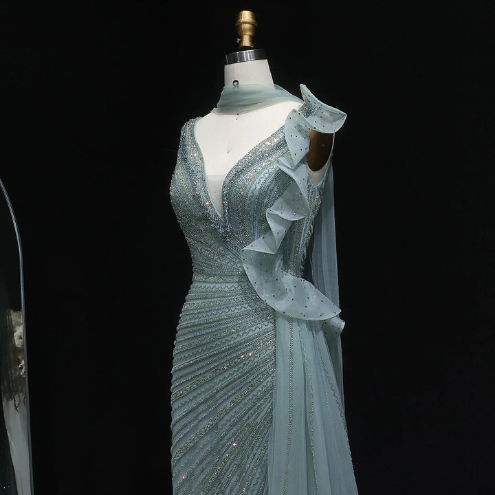 Luxury Burgundy Mermaid Evening Dress with Sparkling Beads, Scarf and Overskirt SS189