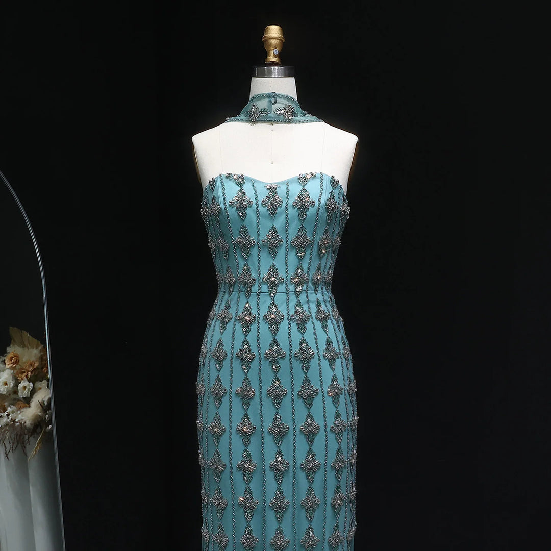 Luxury Beaded Nude Strapless Evening Dress with Scarf SS229