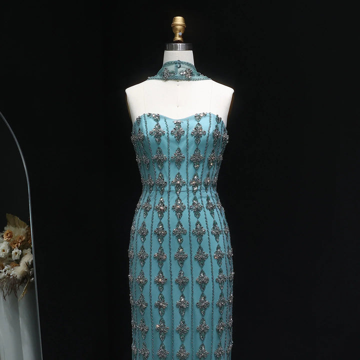 Luxury Beaded Nude Strapless Evening Dress with Scarf SS229