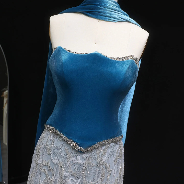 Luxury Blue Velvet Beaded Two Piece Evening Dress with Scarf SS793