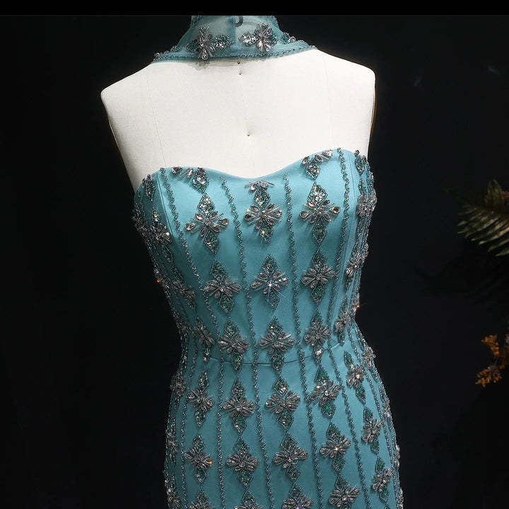 Luxury Beaded Nude Strapless Evening Dress with Scarf SS229