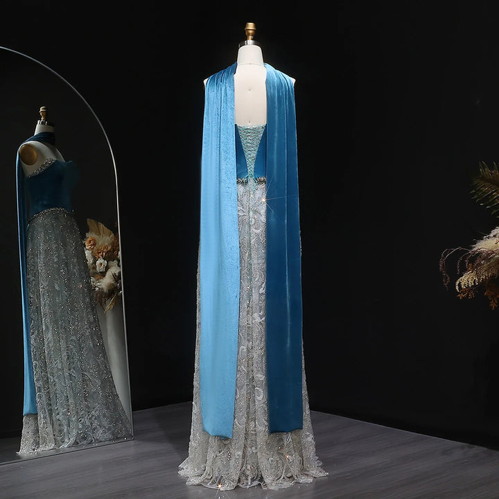 Luxury Blue Velvet Beaded Two Piece Evening Dress with Scarf SS793