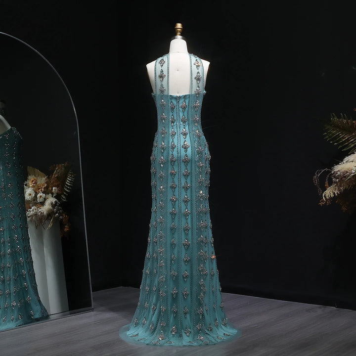 Luxury Beaded Nude Strapless Evening Dress with Scarf SS229