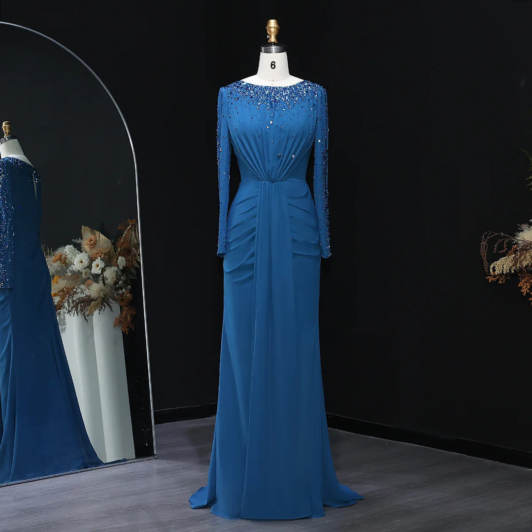 Glamorous Draped Evening Dress with Long Sleeves SS565
