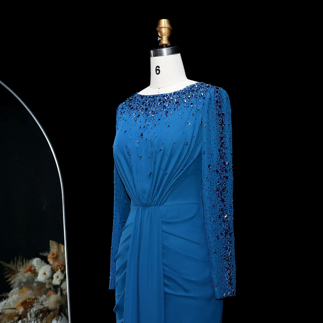 Glamorous Draped Evening Dress with Long Sleeves SS565