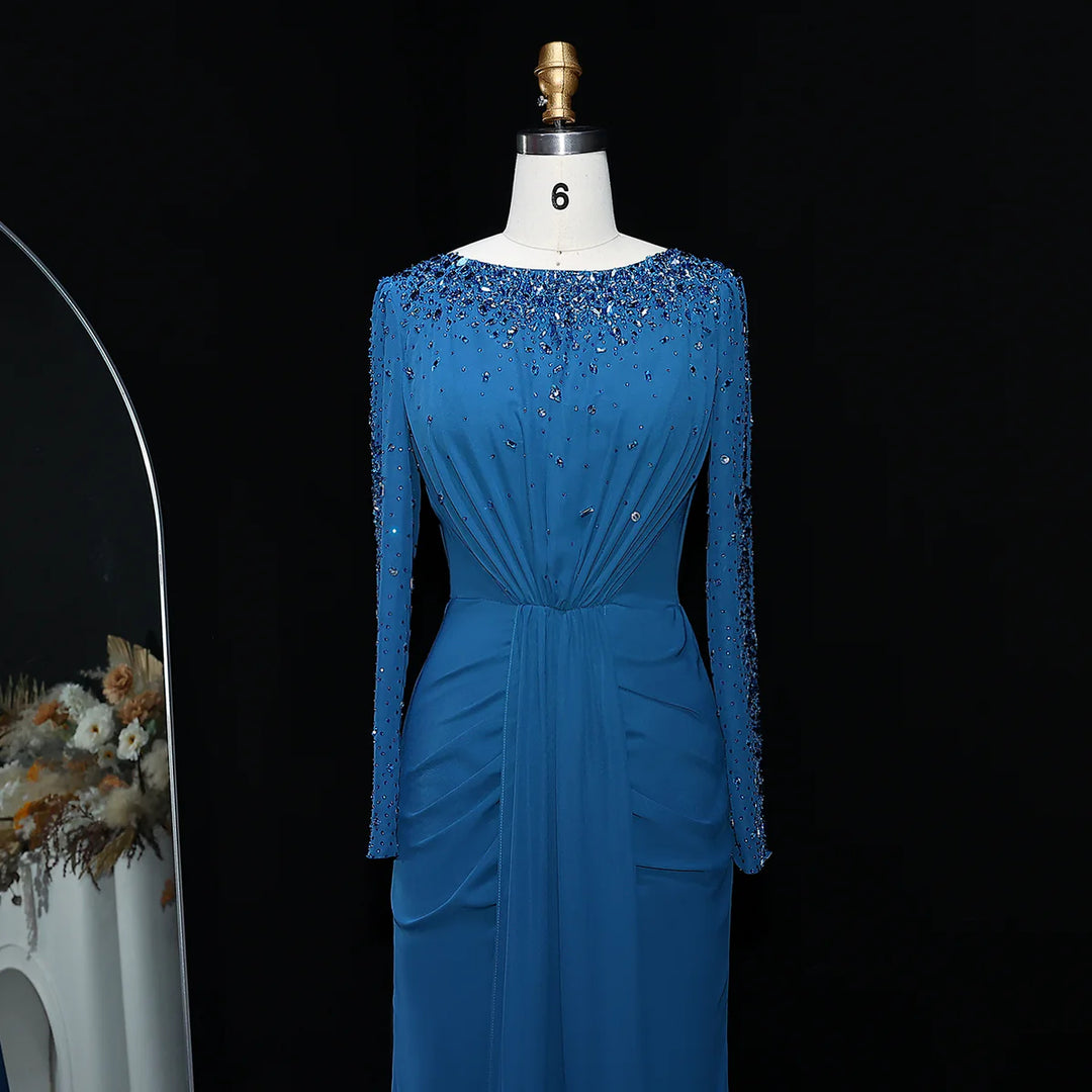 Glamorous Draped Evening Dress with Long Sleeves SS565