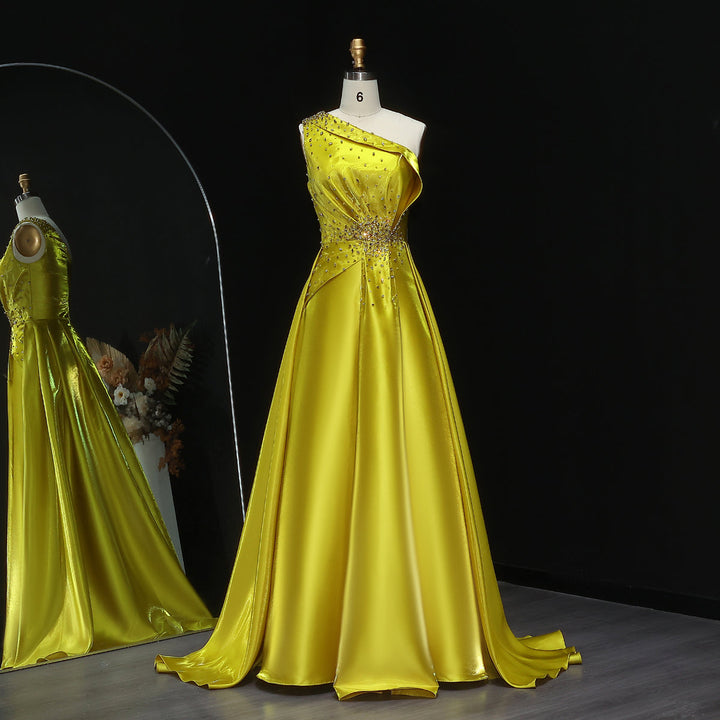 Vibrant Yellow Satin Sequin Evening Dress with Overskirt XD049