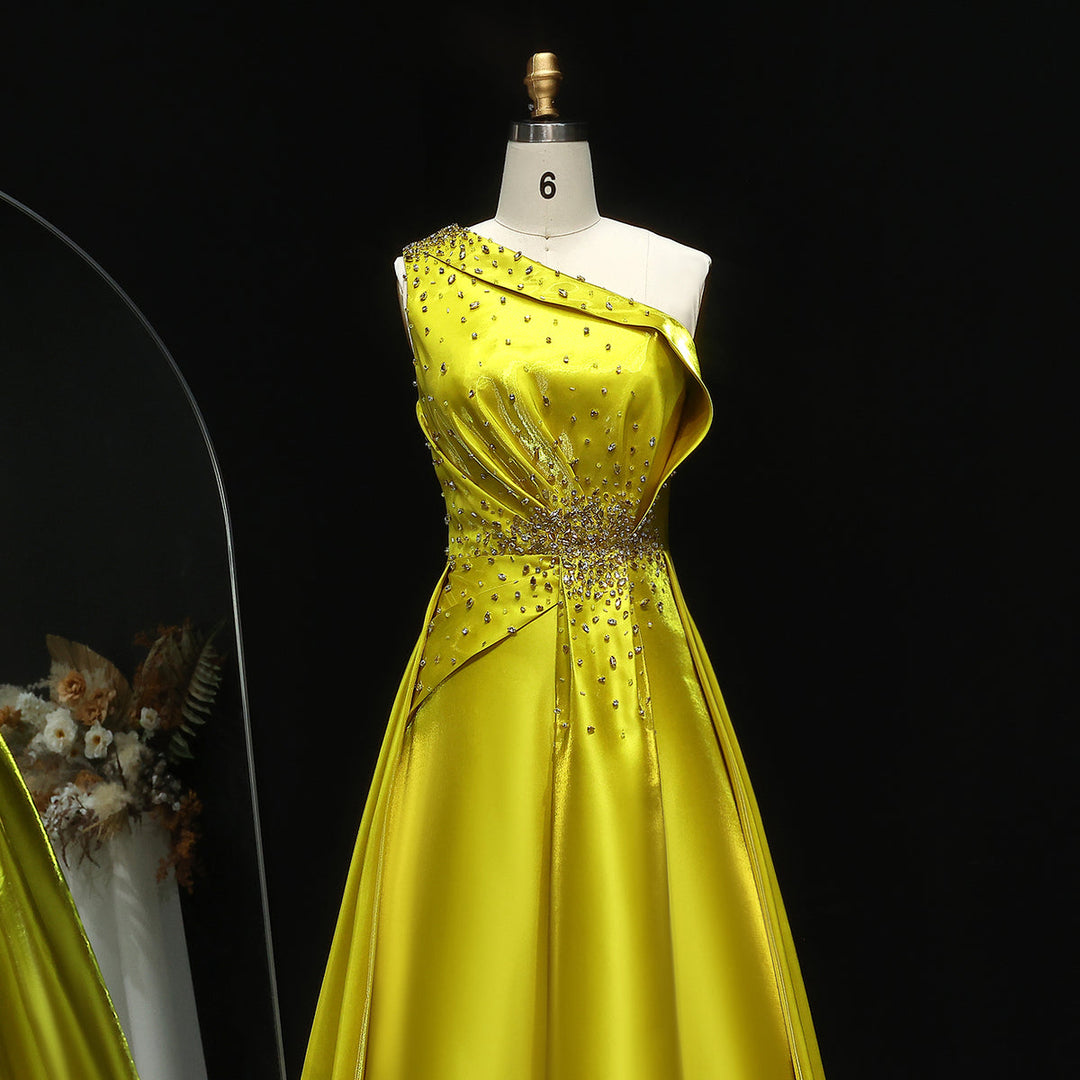 Vibrant Yellow Satin Sequin Evening Dress with Overskirt XD049