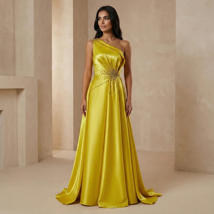 Vibrant Yellow Satin Sequin Evening Dress with Overskirt XD049