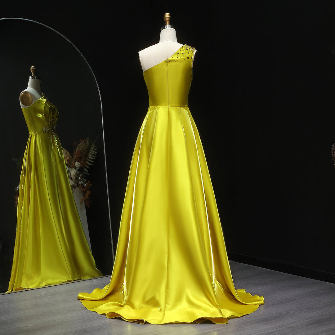 Vibrant Yellow Satin Sequin Evening Dress with Overskirt XD049