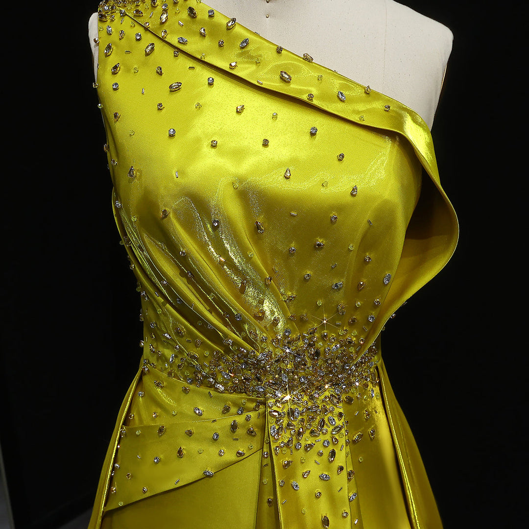 Vibrant Yellow Satin Sequin Evening Dress with Overskirt XD049
