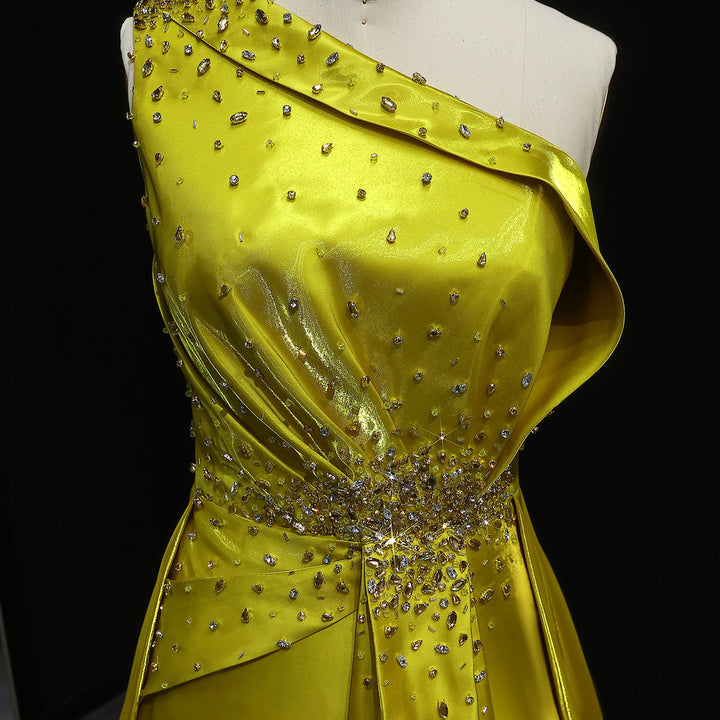 Vibrant Yellow Satin Sequin Evening Dress with Overskirt XD049