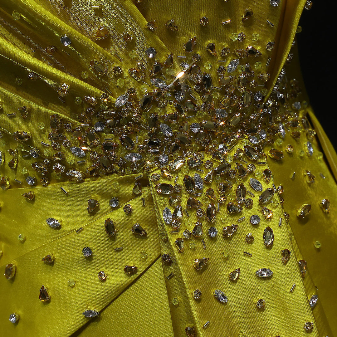 Vibrant Yellow Satin Sequin Evening Dress with Overskirt XD049