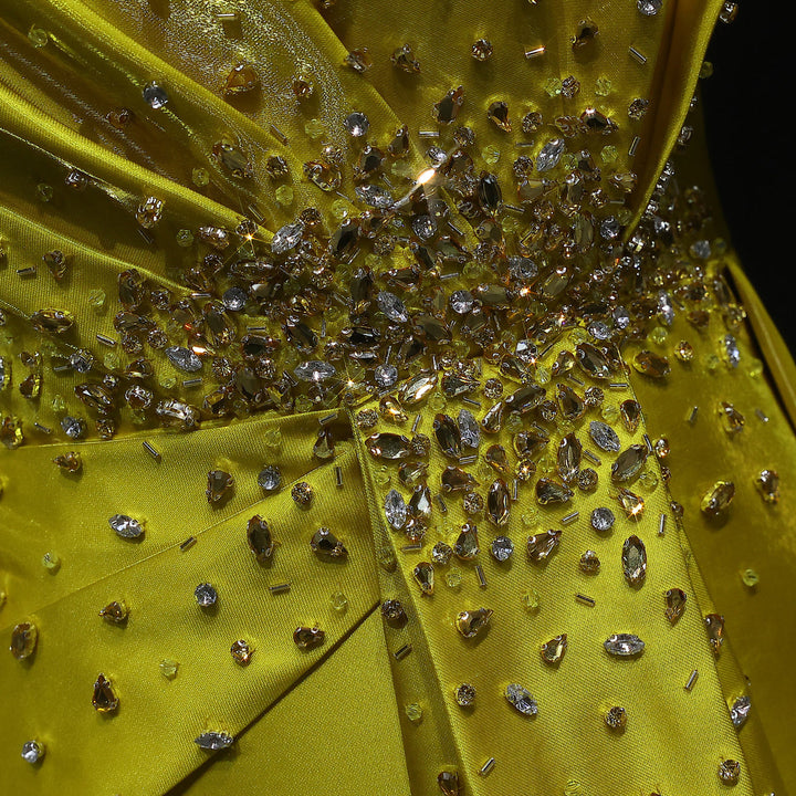 Vibrant Yellow Satin Sequin Evening Dress with Overskirt XD049