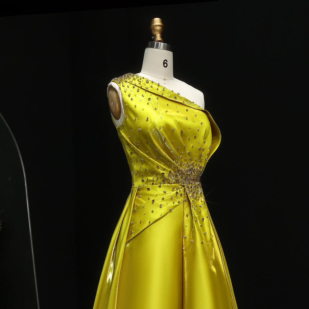 Vibrant Yellow Satin Sequin Evening Dress with Overskirt XD049