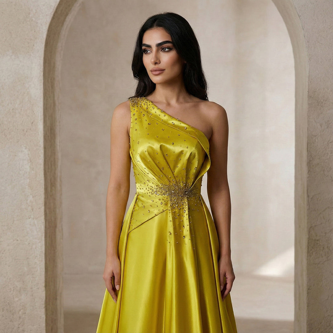Vibrant Yellow Satin Sequin Evening Dress with Overskirt XD049