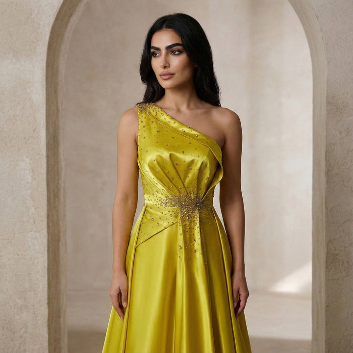Vibrant Yellow Satin Sequin Evening Dress with Overskirt XD049