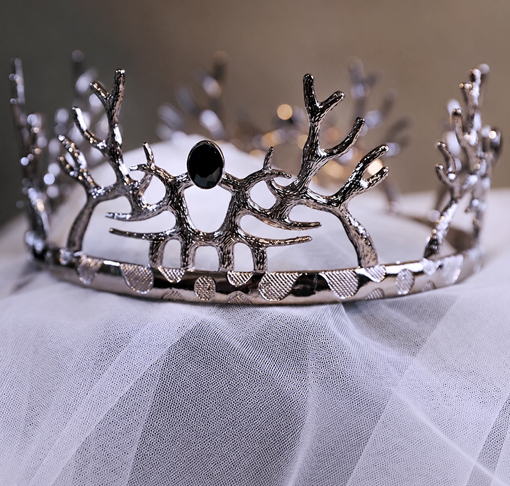 Vintage Gothic Silver Antler Crown with Black Gemstone Halloween Party Wedding Tiara XL001