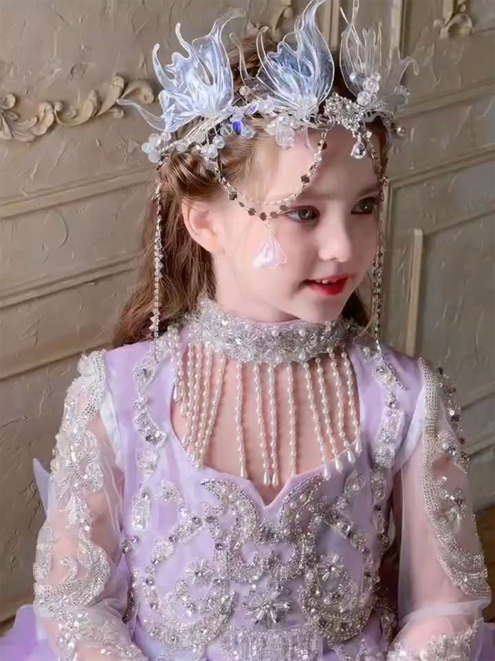 Flower Girl Dress with Silver Embroidery Sequins Tulle J271