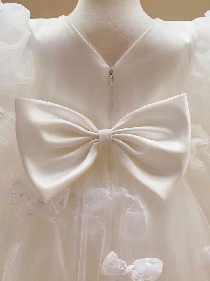 Butterfly Bow Puff Sleeve High-Low Flower Girl Dress with Tulle Train J508