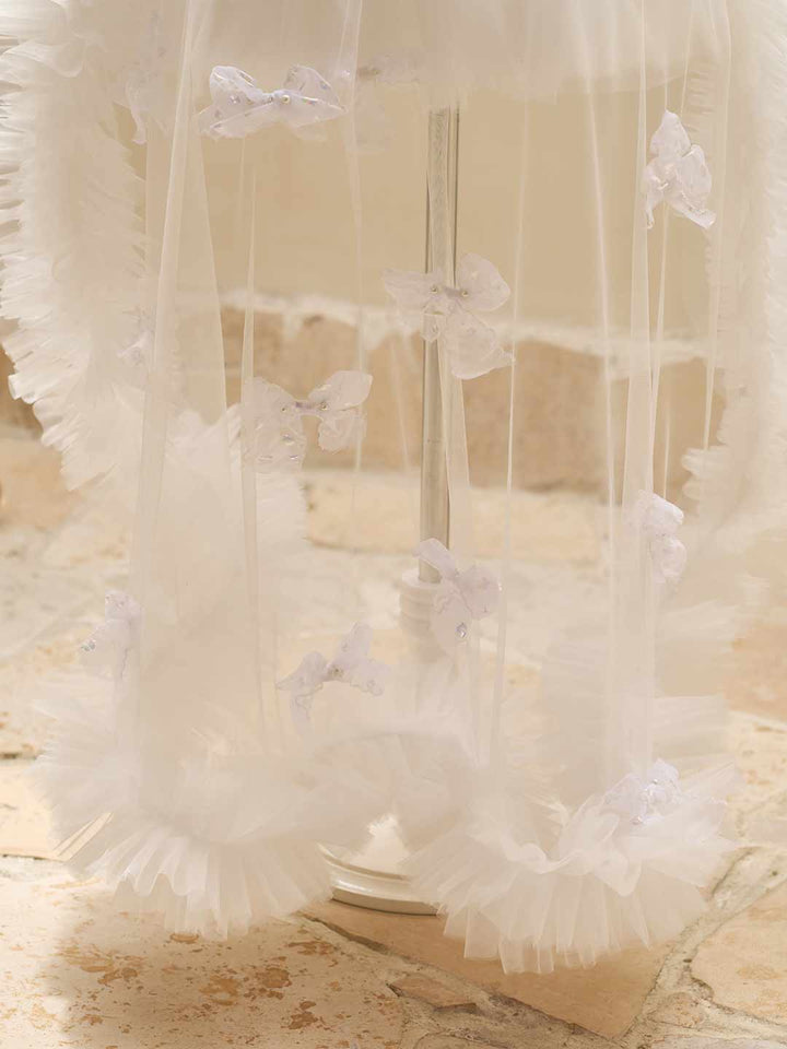 Butterfly Bow Puff Sleeve High-Low Flower Girl Dress with Tulle Train J508