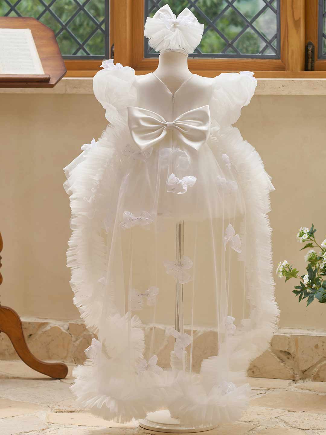 Butterfly Bow Puff Sleeve High-Low Flower Girl Dress with Tulle Train J508