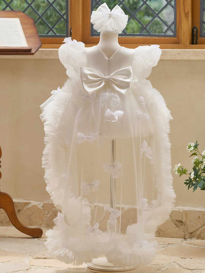 Butterfly Bow Puff Sleeve High-Low Flower Girl Dress with Tulle Train J508
