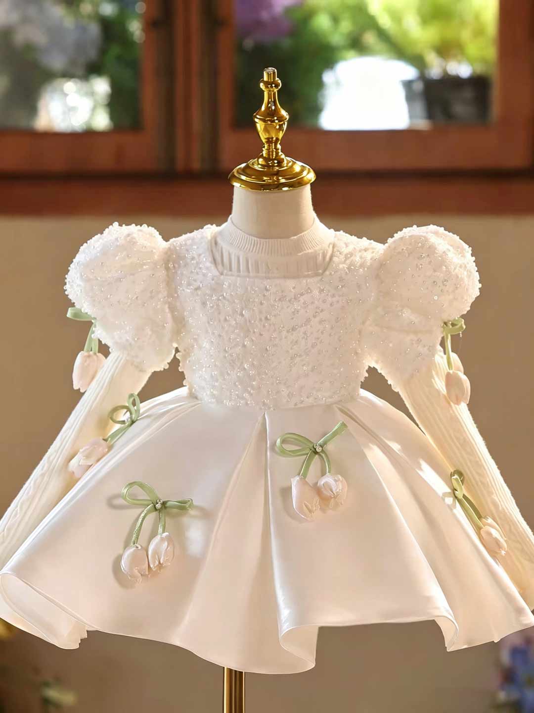 White Tulip Applique Beaded Puff Sleeve Girls Birthday Dress D601