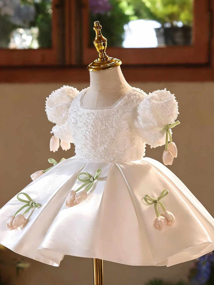 White Tulip Applique Beaded Puff Sleeve Girls Birthday Dress D601