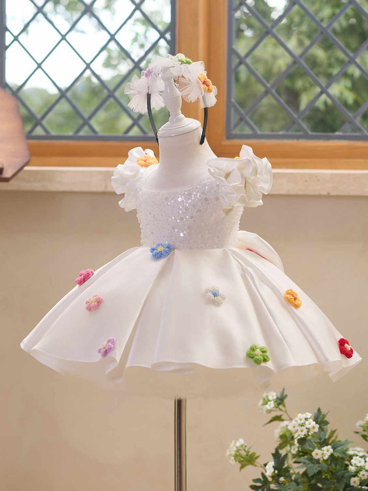 Colorful Floral Sequin Ruffle Sleeve Girls Occasion Dress J519