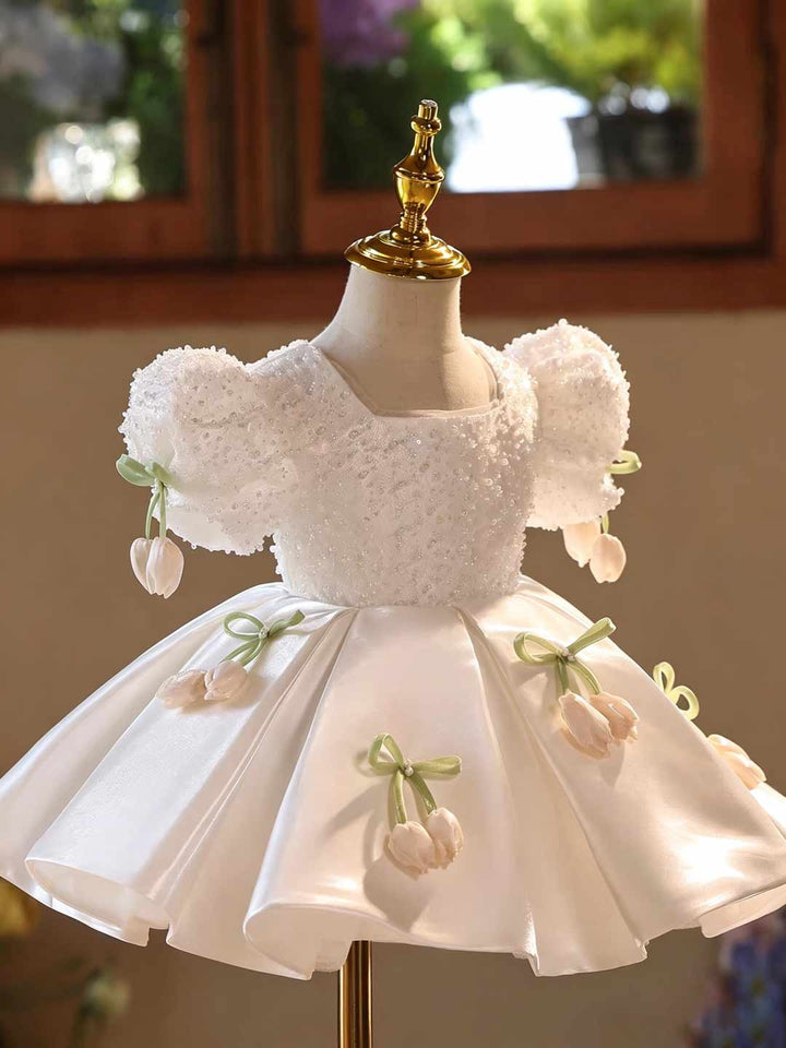 White Tulip Applique Beaded Puff Sleeve Girls Birthday Dress D601