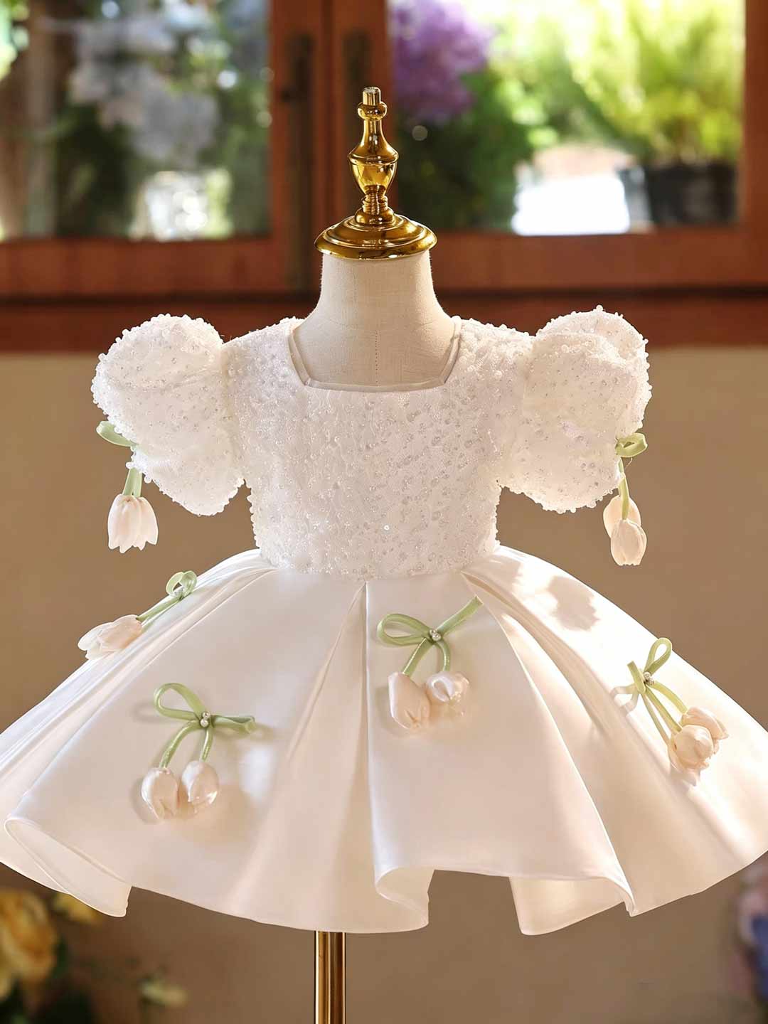 White Tulip Applique Beaded Puff Sleeve Girls Birthday Dress D601