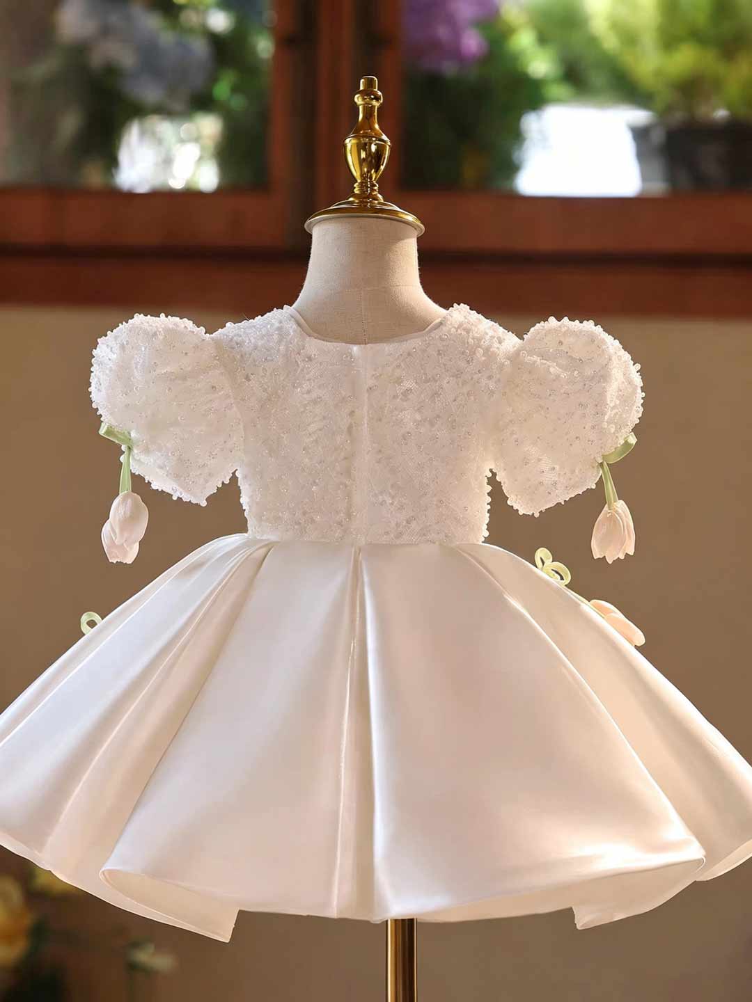 White Tulip Applique Beaded Puff Sleeve Girls Birthday Dress D601