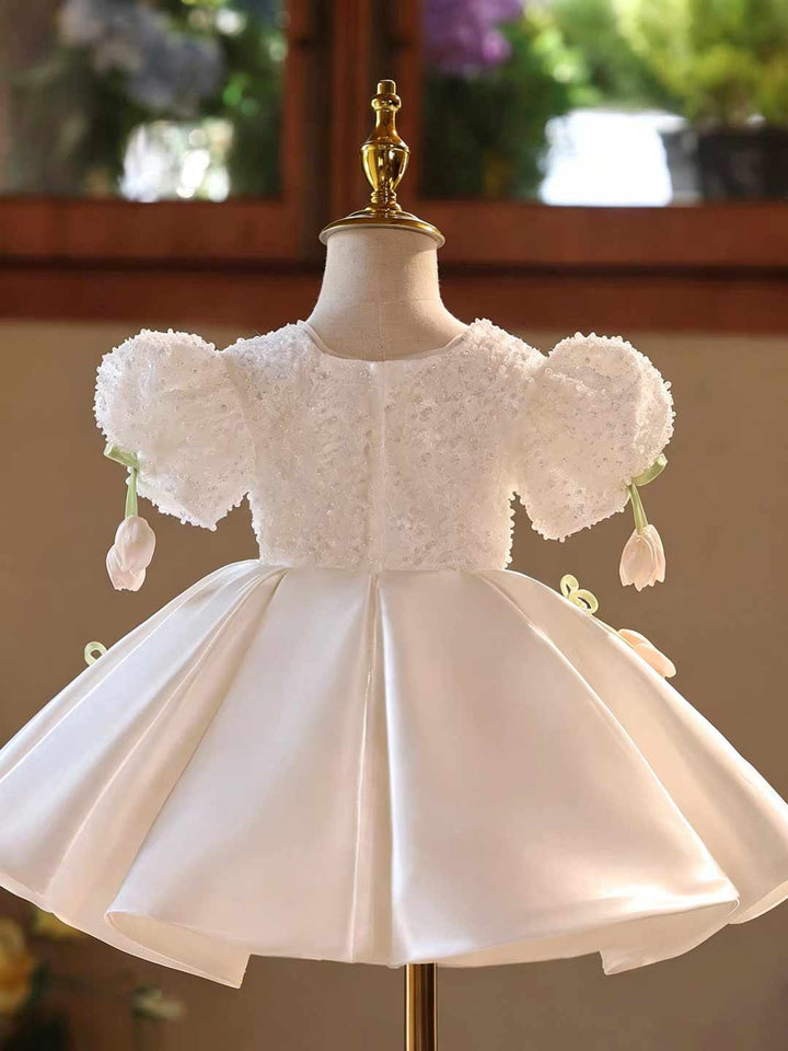 White Tulip Applique Beaded Puff Sleeve Girls Birthday Dress D601