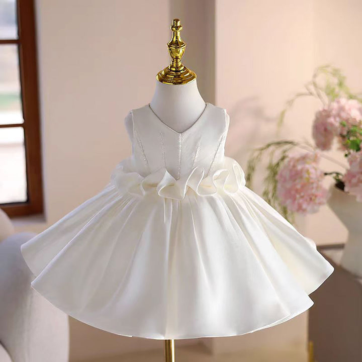 Princess Style Satin Flower Girl Dress with Layered Skirt Knee Length J460A